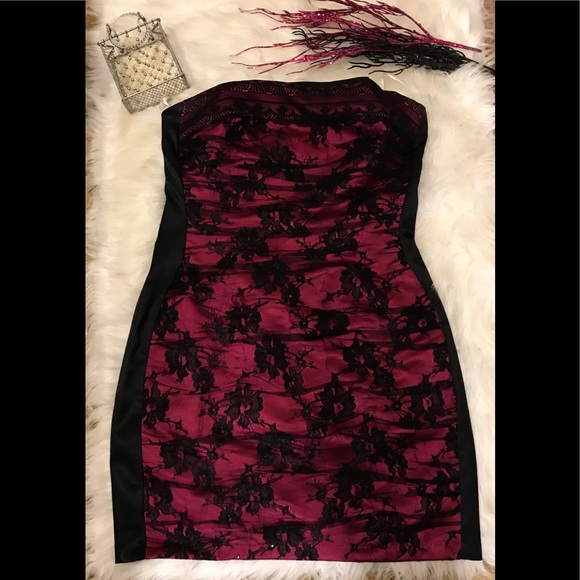 Fuchsia & Black Lace Formal Strapless Dress - Picture 1 of 5